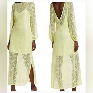 NWT Open Edit Lace Maxi Dress Size S Yellow Low Back Sheer Long Sleeve Formal